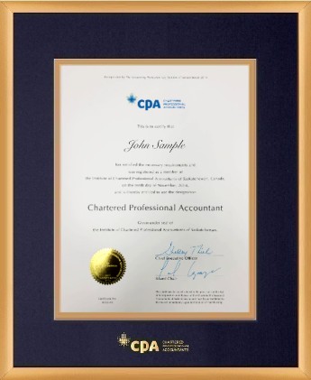 Satin gold metal frame for vertical 10x13.5 CPA certificates, with double mat board & gold CPA logo in a 14x18 frame. (SG-11X14-NPB/GLD.GFS)
